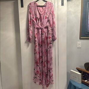 Floral Pink Maxi Wrap Dress with Tie Waist